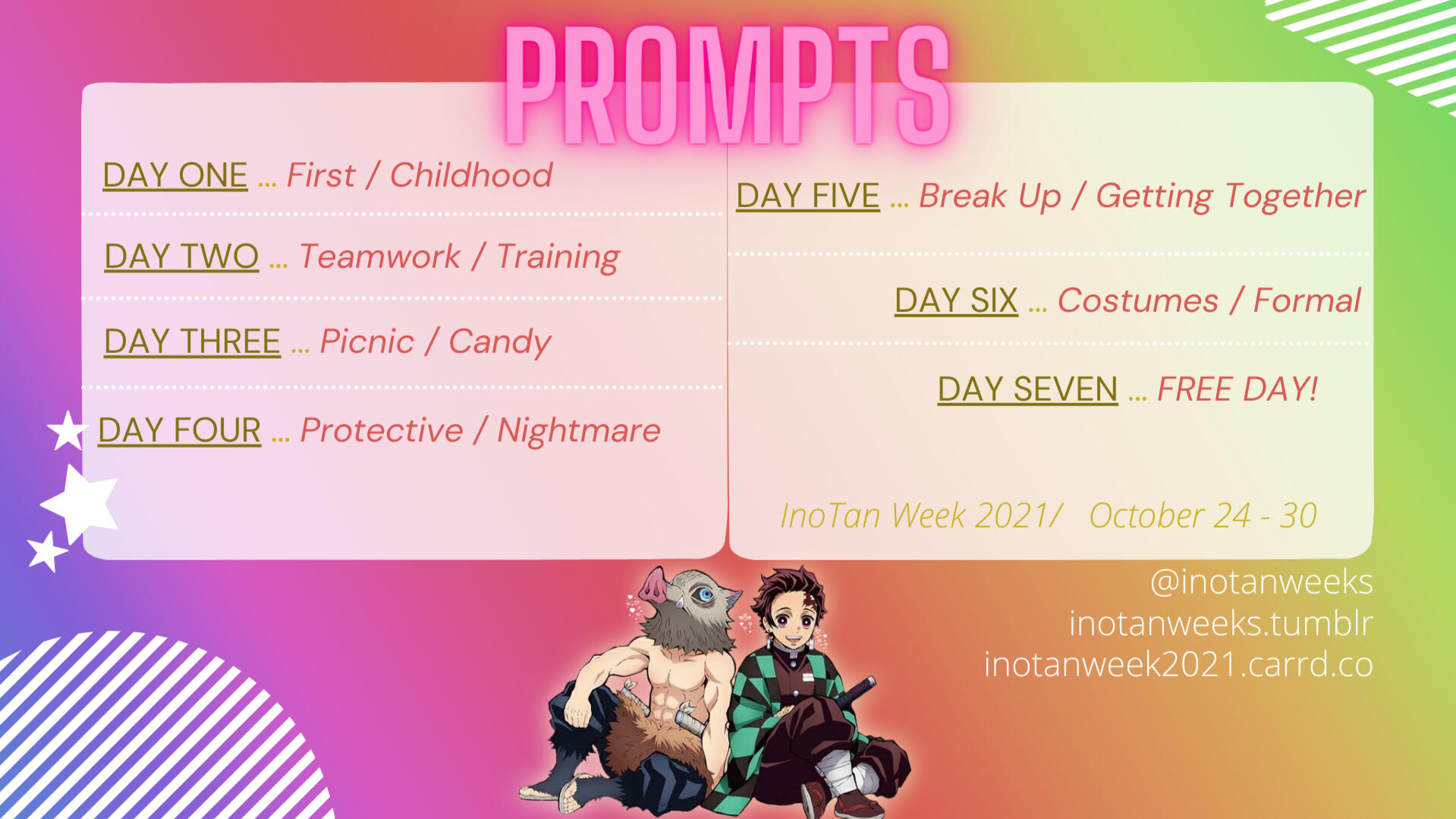 Large, brightly colored image is the Event Slide for the Prompts Selection. The background is a rainbow gradient.